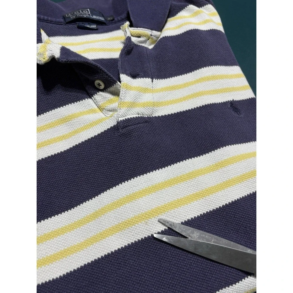 Vintage Polo Ralph Lauren Polo Shirt Men Large Blue Yellow Striped Cotton Pique